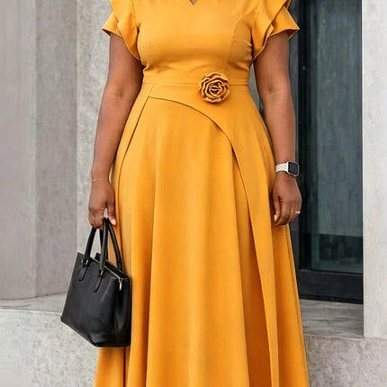 Mlaiscsr Women V Neck Ruffle Sleeve Elegant Work A-Line Midi Dresses Formal Flowy Midi Dress with Flower Waist Detail Church