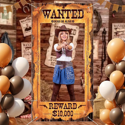 Western Cowboy Wanted Photo Booth Prop Wild West Party Backdrop Door Frame Cutout Decor for Country Themed Barn Rodeo Supplies
