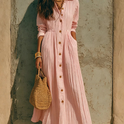 Women Crinkle Solid Maxi Dress Lapel Collar Button Cardigan Long Sleeve Pocket Flowy Dress Fall Beach Travel Casual A-Line Dress