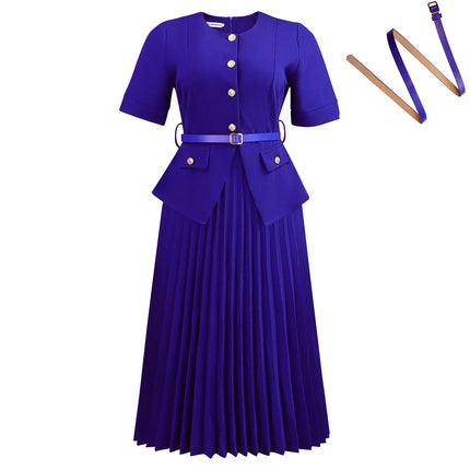 Women's Plus Size Spliced Pleated Dress Summer New Round Neck Solid Color Maxi Dress