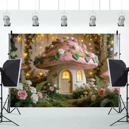 Pink Mushroom House Backdrop Enchanted Fairy Forest Floral Photography Background for Girls Birthday Baby Shower Party Decor