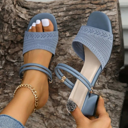 Women's Knitted Block Heel Mules Elegant Open Toe Sandals Fashion Summer Slide Shoes Comfortable Slip-on Mid Heel Ladies Slides