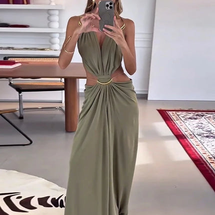 Sexy Women's Backless Dress Halter Sleeveless Waist Hollow Out Solid Female Dresses 2026 Summer Vacation Beach Fashion Lady Robe