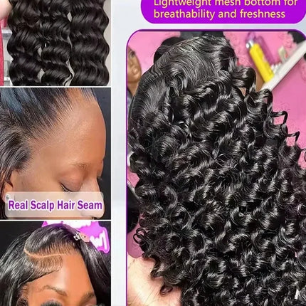 30 Inch 250% Density Water Wave Lace Front Wigs Human Hair 13x6 HD Gluelees Wig Human Hair Brazilian Virgin Human Hair Deep Curly Lace Front Wigs Transparent HD Lace Frontal Wigs Deep Wave Real Human Hair Wigs Pre Plucked Wit