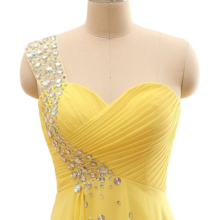 A Line Chiffon One Shoulder Bridesmaid Dresses Crystals Beading Pleat Elegant Wedding Party Formal Prom Evening Corset Back