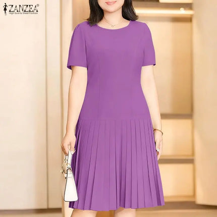 ZANZEA Women 2026 Summer Dress Elegant Pleated Dresses Stylish Office Work Midi Sundress Short Sleeve Knee Length Robe Vestidos