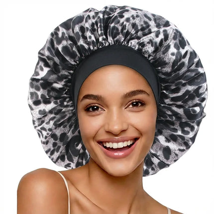 Leopard Print Satin Bonnet Sleeping Cap Shower Edge Wrap Cover Nightcap For Women Long Hair