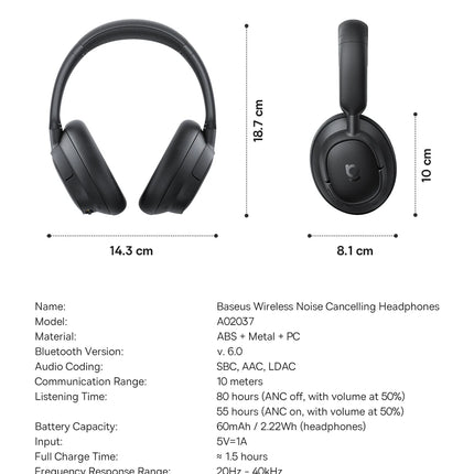Baseus Bass Wireless Headphones Bluetooth 6.0 98% Noise Canceling Over Ear Headset Spatial Audio Earphone 80H Time
