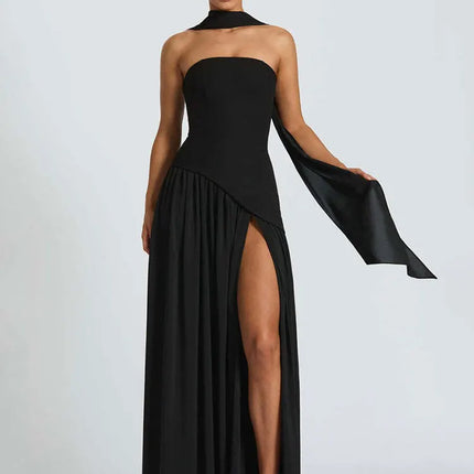 GACVGA Elegant Strapless Sexy Maxi Dress Women Gown Scarf Collar Bandage Backless High Split Club Party Evening Long Dress
