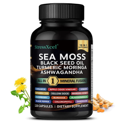 Sea Moss Capsules - Black Seed, Energy, Antioxidant, Endurance, Immune, Thyroid & Digestive Support, Detoxifying, Antioxidant