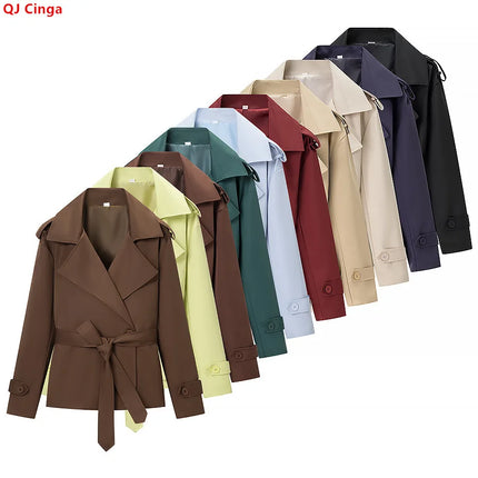 Women's Long-sleeve Collared Tie-front Jacket for Spring/Fall; A Stylish, Loose-fitting Coat.Available in Red,Apricot,Green,Blue