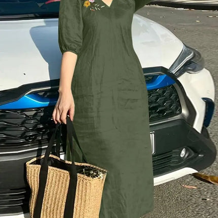 ZANZEA Women V Neck A-line Vestidos Solid Holiday Casual 2024 Summer Dresses Commute Half Sleeve Floral Embroidery Midi Dress