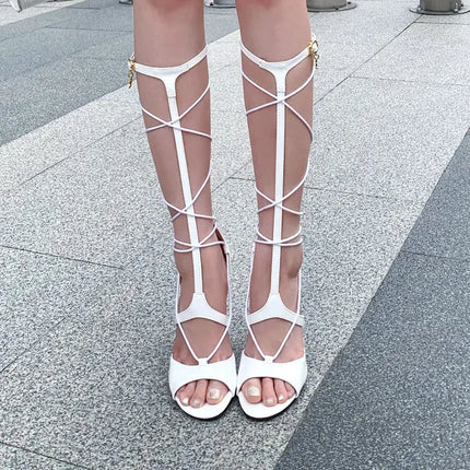 ORCHALISA 2025 Summer Sandals Women Sexy Stiletto Shoes Buckle Strap Knee High Fashion Party Shoes Big Size 40 41 42 43 44 45
