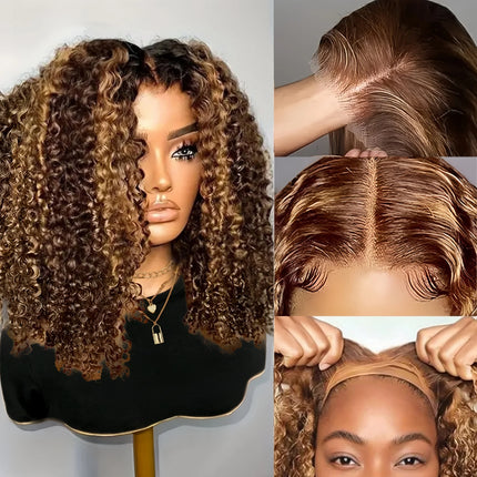 16 Inch Highlight Ombre Curly Bob Glueless Wig Human Hair Ready To Wear 250% Density 4x4 Deep Wave Lace Front Wigs Human Hair Colored Wig For Women