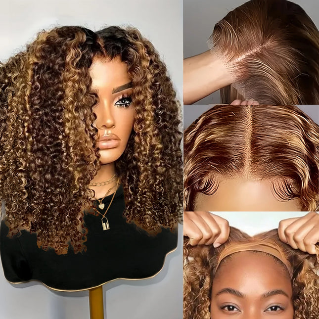 16 Inch Highlight Ombre Curly Bob Glueless Wig Human Hair Ready To Wear 250% Density 4x4 Deep Wave Lace Front Wigs Human Hair Colored Wig For Women