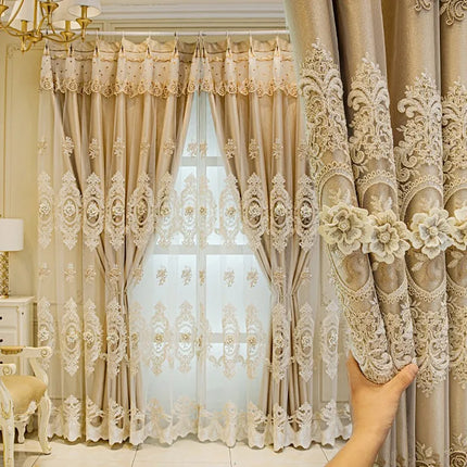European Luxury Embroidered Floral Curtain Loop Top Thick Blackout Curtains for Living Room Home Decorative Drapes