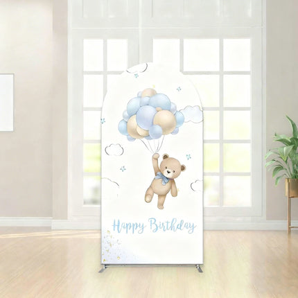 LS Bear Baby Show Arch Backdrop Cover Blue Hot Air Balloon Star Adventure Party Background Newborn Boy 1st Birthday Photo