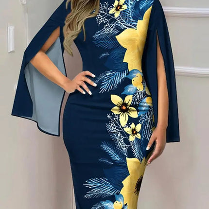 Women Round Neck Floral Print Split Flare Sleeve Bodycon Midi Dress Elegant Party Wedding Guest Dress