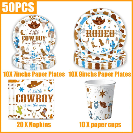 A Little Cowboy Baby Shower Decor Set, My First Rodeo Western Themed Disposable Tableware Kit for Boys 1st Birthday Party