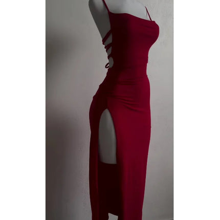 Sexy Backless Lace Up Long Dress Women Split Sleeveless Bodycon Party Club Evening Dresses High Street Female Suspender Robes