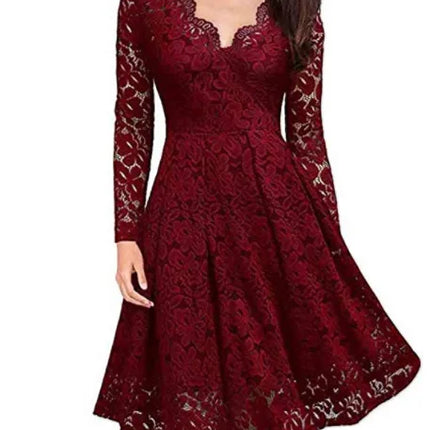 Women Lace A-Line Dress Spring Autumn V Neck Long Sleeve Lace Crochet Patchwork WineRed Slim Party Dresses JYFS-JY8858
