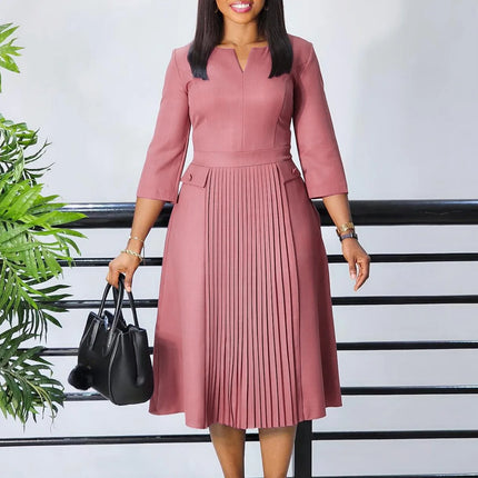 Elegant Office Dresses for Woman O Neck Three Quarter Sleeve Pleated Mid Calf Formal Ladies Business Work Wear Dress Midi Cloth