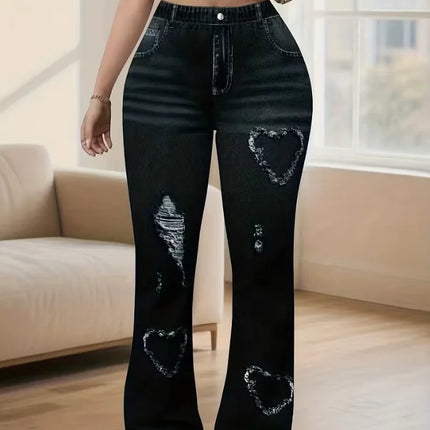 Retro Plus Size Flare Pants, Y2K Heart Print Bell Bottom Leggings, High Waist Stretchy Chic Trousers for Streetwear