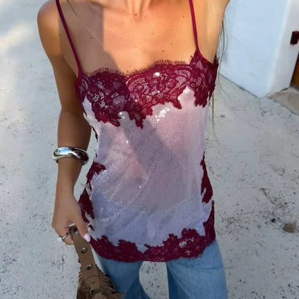 Sexy Sequin Lace Trim Patchwork Short Dress Women V Neck Sleeveless High Waist Mini Sling Dresses 2026 Summer Vacation Lady Robe