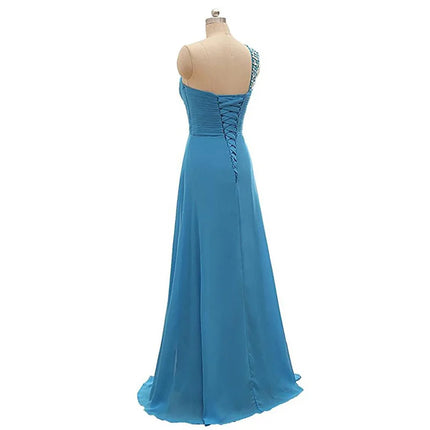 A Line Chiffon One Shoulder Bridesmaid Dresses Crystals Beading Pleat Elegant Wedding Party Formal Prom Evening Corset Back