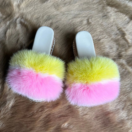 Fluffy Furry Fox Fur Slippers for Women Studded High Heels Winter Warm Plush Home Slippers Woman Outdoor Platform Shoes Slides