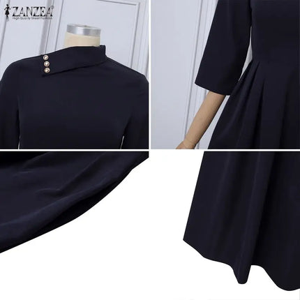ZANZEA Women Elegant Long Dresses Summer Spring Casual A-Line Vestidos Fashion Buttons Lapel Solid Midi Sundress Streetwear OL