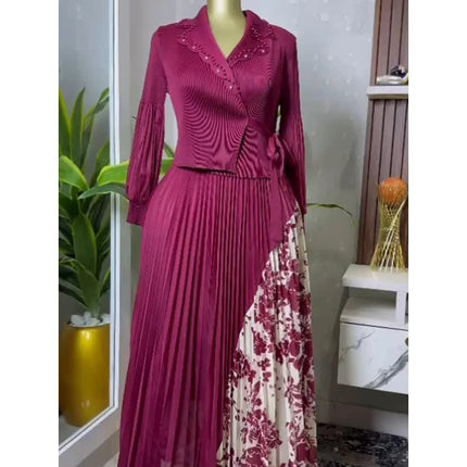 EGRM 2025 Spring New Pleated A-line Dress elegant Suit Collar Mid To Long Style Waist Cinching Slimming Women Folds Skirt 6G5972