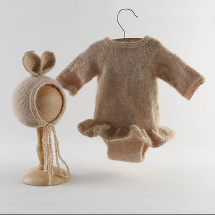 Newborn Knitted Angola Fuzzy Romper Baby Animal Outfit Photography Props Baby Cartoon Wolf Footed Overall Sets Photo Props