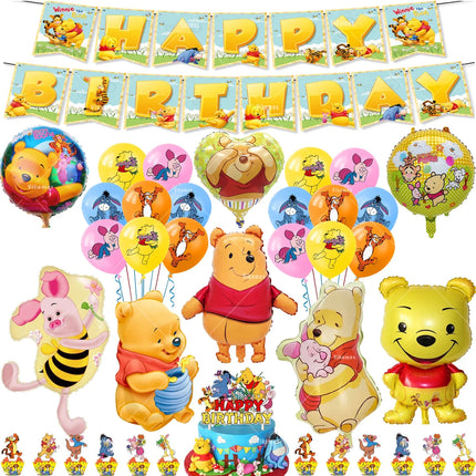 Winnie The Pooh Balloons Happy Birthday Banner Decoration Yellow Bear Party Supplies Backdrop Cake Topper Disposable Tableware