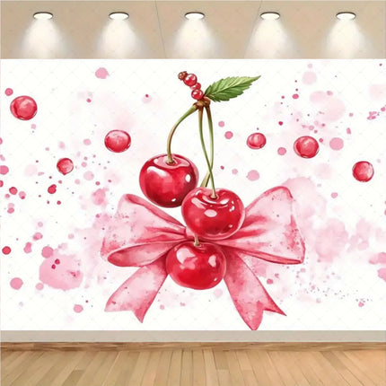 Checkered Cherry Butterfly Bow Theme Banner Background, Children's Birthday Party, Room Decoration Photography Background Cloth