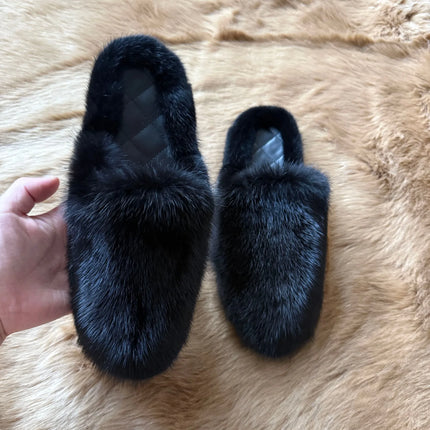 Real Mink Fur Home Slippers For Women Leather Insole Flat Plush Warm Shoes Woman Winter Comfort Non Slip Outdoor Indoor Slippers