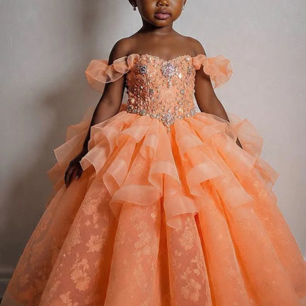 Orange Girls Birthday Party Dresses Customized Beading Lace Princess Flower Girl Dresses for Wedding Baby Kids Pageant Dress