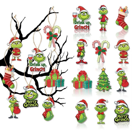 18Pcs 2D Wooden Christmas Tree Green Monsters Ornaments Cute Green Monsters Christmas Tree Pendants Christmas Cartoon Ornaments