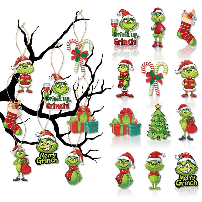 18Pcs 2D Wooden Christmas Tree Green Monsters Ornaments Cute Green Monsters Christmas Tree Pendants Christmas Cartoon Ornaments