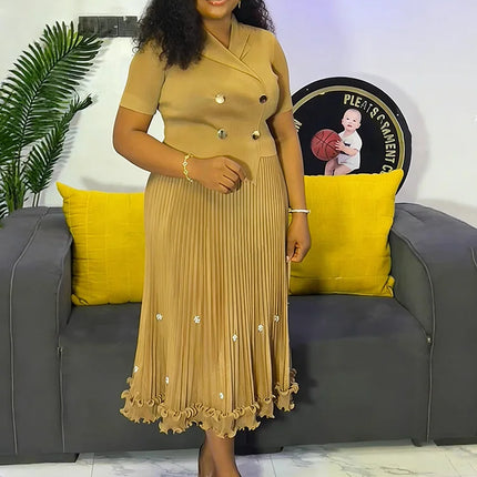 EGRM New Miyaki Pleated Long Dress Short Sleeved Summer Hot Sale Women's Double Breasted Waist Cinching Slimming Versatile Skirt