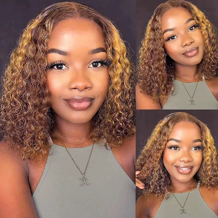 Curly Bob Wig Human Hair Deep Wave 13x4 HD Lace Front Wigs For Black Women Human Hair Pre Plucked Wear And Go Glueless Short Wet And Wavy Ombre Honey Blonde Highlight Color 4/27 12 Inch