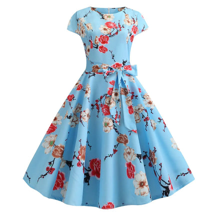 Women Summer Dress Floral Print Vintage 1950s 60s Rockabilly Party Dresses Retro Chic Short Sleeve Bow Belt A Line Vestido Mujer