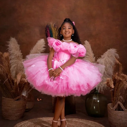 Pink Flower Girl Dress For Wedding Tulle High-Low Length Girl Kids Birthday Party Ruffles First Holy Communion Gowns Customized