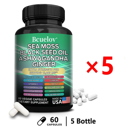 Sea Moss Complex Capsules with Ashwagandha Black Seed Oil Ginger, Daily Nutrition for Thyroid Gut Immune Skin & Joint Wellness