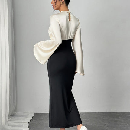 Women Maxi Dress Bell Sleeve Color Block Satin Bodycon Casual Dresses Elegant Spring Sexy Evening Wedding Guest Party Date Dress