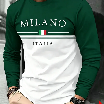 Italia Milano Letter Pattern Print Men T-Shirt Fashion Spring and Autumn Long Sleeve Casual Top Male O-Neck Loose Streetwear Tee