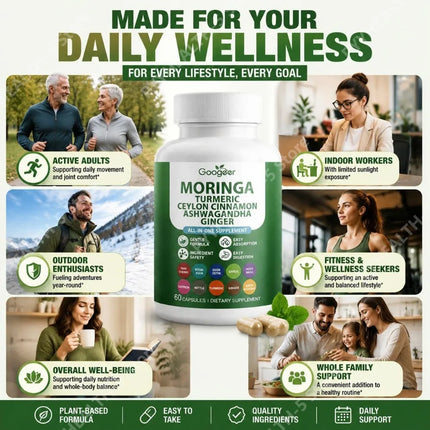 Googeer Moringa Turmeric Capsules All-in-one for Joint Health Support with Ashwagandha Ginger and Ceylon Cinnamon 60 Capsules