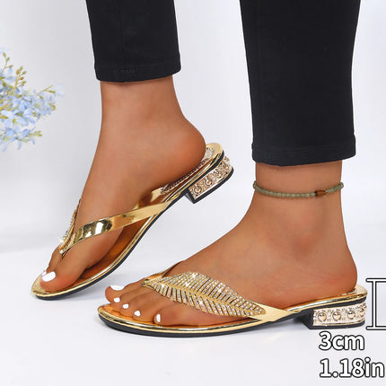 Luxury Rhinestone Leaf Flip Flops Woman Summer 2026 Gold Silver Crystal Low Heel Sandals Women Soft Bottom Lightweight Shoes 43