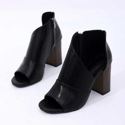 Women's Round Toe Open Toe Zipper Non-Slip Wear-Resistant Sandals Block Heel Side Empty Heels