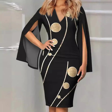 Women Round Neck Floral Print Split Flare Sleeve Bodycon Midi Dress Elegant Party Wedding Guest Dress